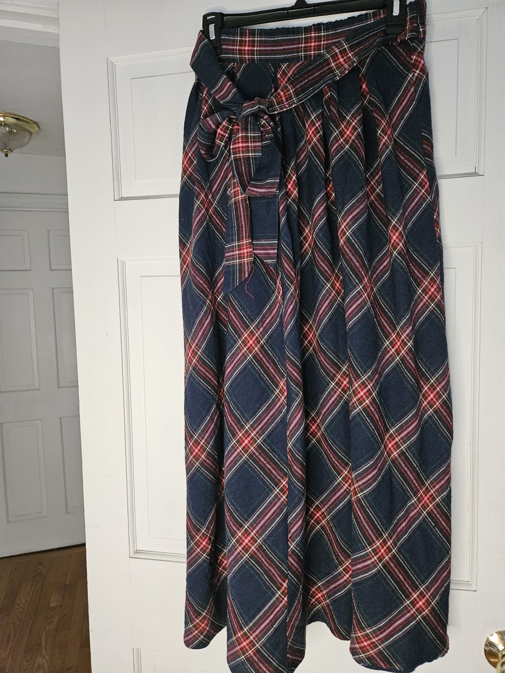 Plaid Navy and Red Midi Skirt with Waist Tie#263# Christmas